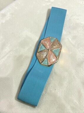 Day-Lor USA Vintage Teal Elastic Belt w/ Peach, Tan & Mint Enamel Buckle